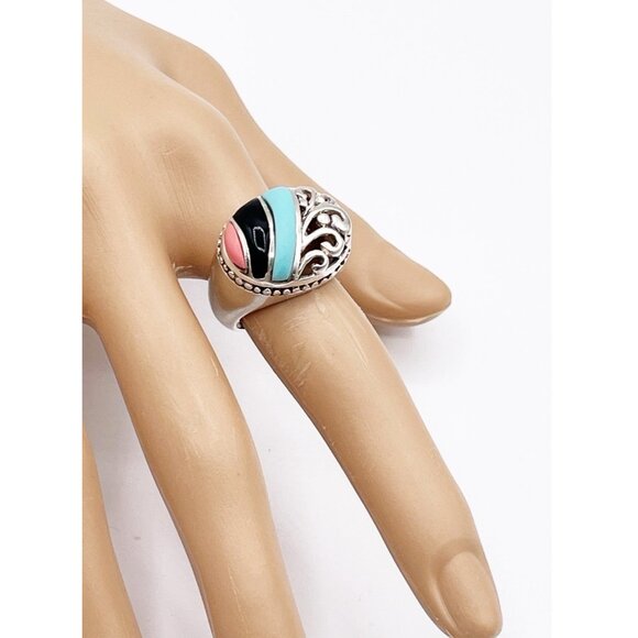 Vintage 925 Sterling Silver Inlay Ring SZ 6.5 Turquoise Onyx Coral Southwest - Picture 2 of 11
